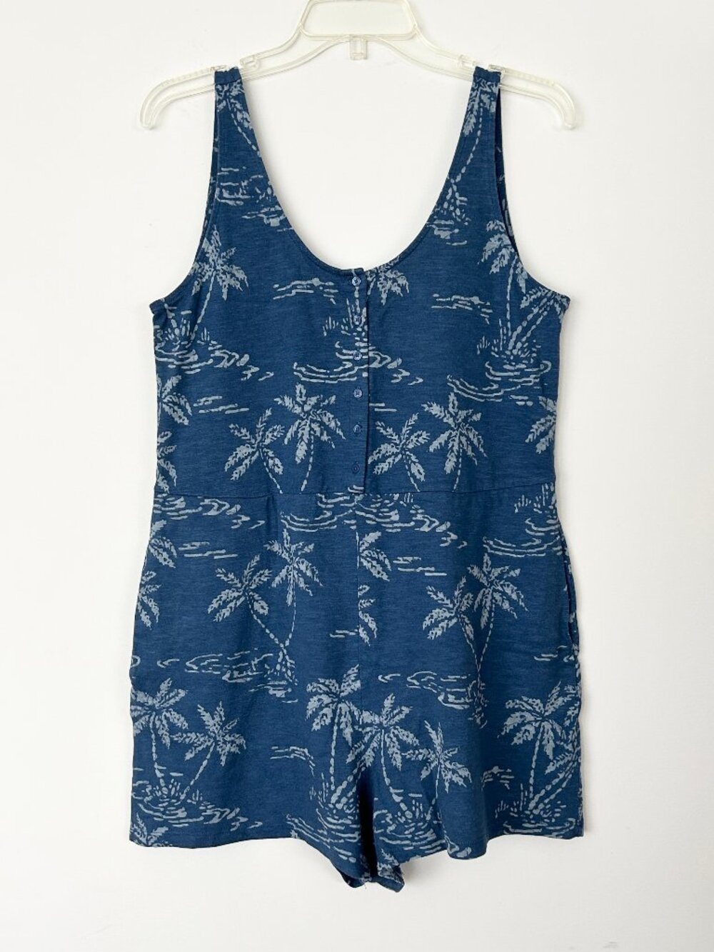 GAP Sleeveless Romper Shorts Blue Tropical Print Scoop Neck Pockets Sz M Petite